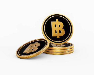 Parlak Altın ve Siyah Tayland Baht Bozuklukları Yuvarlak Sikkeler Beyaz Arkaplanda 3D Görüntü