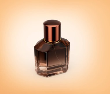 Amber Parlak Bakır kapaklı Parfüm Şişesi Yumuşak Sarı Arka plan 3 boyutlu Görüntü