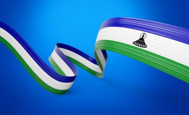 Lesotho 'nun 3d Bayrağı Parlak Dalgalı Lesotho Kurdelesi Mavi Arkaplanda 3d Görüntü