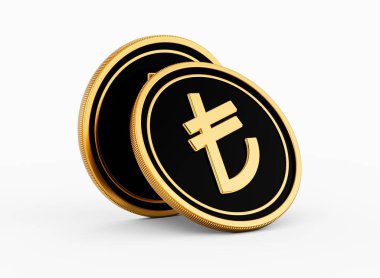 Pırıl pırıl Altın ve Siyah İki Yuvarlak Türk Lirası Beyaz Arkaplanda İzole Edildi 3D Görüntü