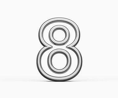 Beyaz arka planda pürüzsüz kıvrımları olan gümüş metalik parlaklıktan yapılmış 8 numara.