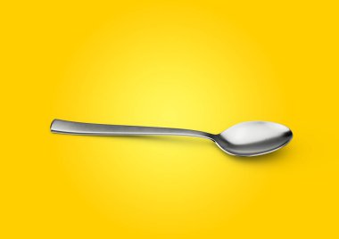 Gleaming Metal Spoon With Its Elongated Handle And Rounded Bowl On Yellow Background 3D Illustration clipart