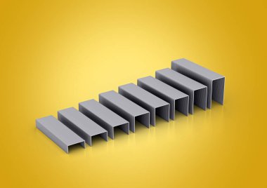 Sarı arka planda paralel sıralarda sıralanmış gümüş metal raptiye serisi. 3D Görüntü