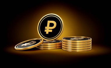 Altın ve siyah Rus Rublesi Yığını Parlak Altın Parlak Arkaplan 3D Görüntü