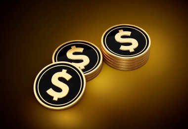 Yığınla Altın ve Siyah Birleşik Devletler Doları Parlak Altın Parlak Arkaplan 3D Görüntü