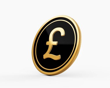 Parlak Altın ve Siyah Yuvarlak İngiliz Pound Parası Beyaz Arkaplanda İzole Edildi 3D Görüntü