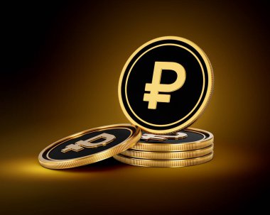 Altın ve siyah Rus Rublesi Yığını Parlak Altın Parlak Arkaplan 3D Görüntü