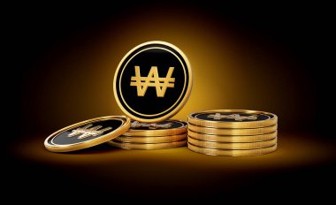 Altın ve Siyah Kore Won Para Yığını Parlak Altın Parlak Arkaplan 3D Görüntü