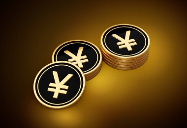 Altın ve Siyah Japon Bozuklukları Yığını Parlak Altın Parlak Arkaplan 3D Görüntü