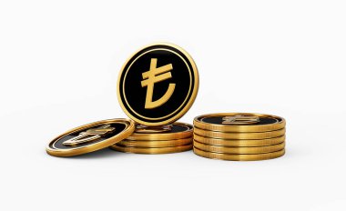 Parlak Altın ve Siyah Türk Liraları Yuvarlak Sikkeler Beyaz Arkaplanda 3 boyutlu Görüntü