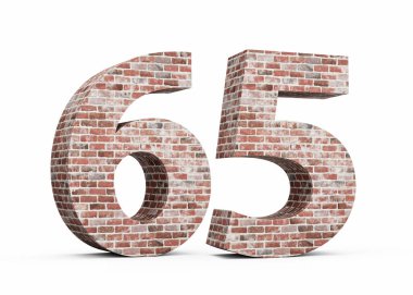 Altmış beş numara. Eski Grunge Tuğla Duvarı 'ndan yapılma 65 basamak. 3 boyutlu görüntü.