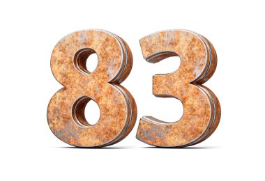 Seksen üç numara. Eski paslı demir metal desenli 83 basamak. Beyaz arka plan üç boyutlu görüntü.