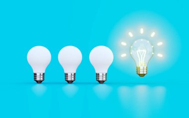 3d Parlak Beyaz Ampul Simge Simgesi Yaratıcı Fikir, Mavi Arkaplan 3d Görüntü