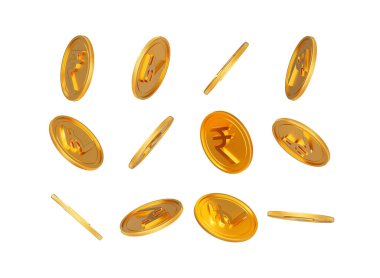 3D Düşen Altın Parlak Hint Rupisi Beyaz Arkaplanda Yuvarlak Bozukluklar 3D Görüntü