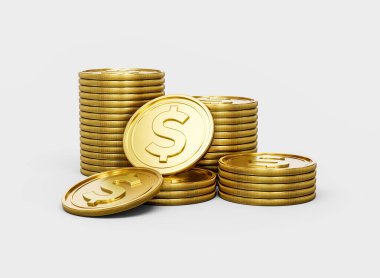3D Yığın Altın Amerikan Doları Paralar Parlak Yuvarlak Paralar Beyaz Arkaplanda 3D Görüntü