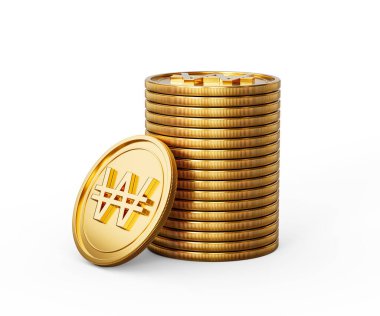 3D Yığın Altın Kore Won Parası Parlak Yuvarlak Bozukluklar Beyaz Arkaplanda 3D Görüntü