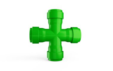 3D Yeşil PVC Dört Yönlü Boru Bağlantısı Beyaz Arkaplan 3 Boyutlu Görüntü Üzerinde Artı İşaret Biçimi