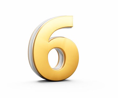 3D Altın Parlak 6 basamaklı 3 boyutlu 6 Numaralı Beyaz Arkaplan 3D Görüntü