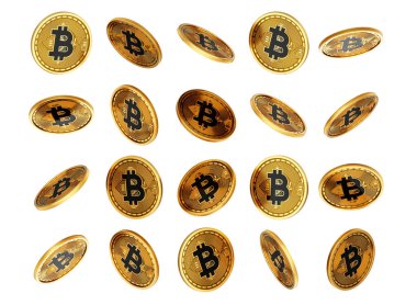 3D Düşen Altın Parlak Kripto Para Birimi Bitcoin Beyaz Arkaplanda Yuvarlanan Paralar 3D Görüntü