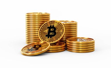 3D Altın Kripto Para Yığını Bitcoin Parlak Yuvarlak Paralar Beyaz Arkaplan 3D Görüntü