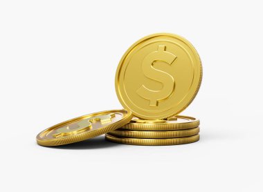 3D Yığın Altın Amerikan Doları Paralar Parlak Yuvarlak Paralar Beyaz Arkaplanda 3D Görüntü