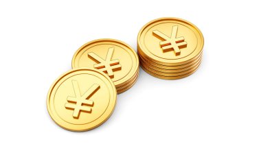 3D Altın Japon Yen Paraları Yığını Parlak Yuvarlak Paralar Beyaz Arkaplanda 3D Görüntü