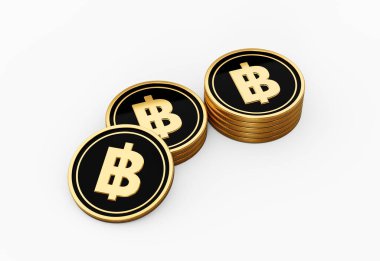 Parlak Altın ve Siyah Tayland Baht Bozuklukları Yuvarlak Sikkeler Beyaz Arkaplanda 3D Görüntü