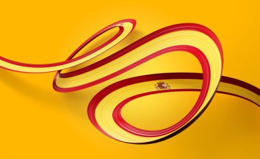 Flag Of Spain Shiny Waving Spain Ribbon Flag Isolated On Yellow Background 3d Illustration clipart