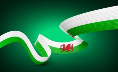 Galler 'in Parlak Dalgalı Bayrağı Galler Kurdelesi Parlayan Yeşil Arkaplanda İzole Edilmiş 3D Görüntü