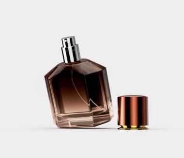 Elegant Amber Toned Crystal Glass Perfume Bottle With An Open Polished Copper Cap 3D Illustration clipart