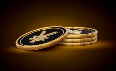 Altın ve Siyah Japon Bozuklukları Yığını Parlak Altın Parlak Arkaplan 3D Görüntü