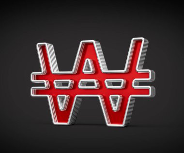 Canlı Kırmızı Kore Won Para Birimi Sembolü Metal Parıltısı ve Bükülmüş Kenarlar 3D Görüntü