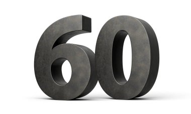 Gri pürüzsüz demirden yapılmış altmış numara. Beyaz arka planda izole edilmiş üç boyutlu görüntü.