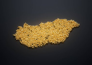 Macaristan Haritası Yüksek Kaliteli Altın Parlak Metalik Boncuklar veya Toplar 3B İllüstrasyon