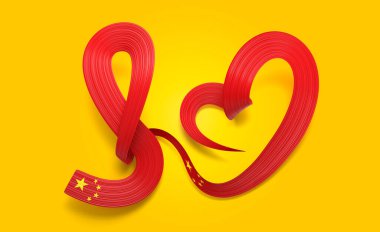 3d Çin Bayrağı 3d Dalgalı Parlak Çin Kalbi Kurdelesi Sarı Arkaplanda İzole Edildi 3d Görüntü