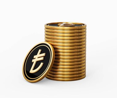 Parlak Altın ve Siyah Türk Liraları Yuvarlak Sikkeler Beyaz Arkaplanda 3 boyutlu Görüntü