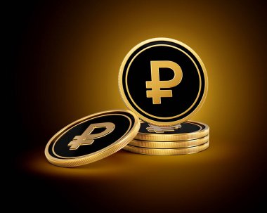 Altın ve siyah Rus Rublesi Yığını Parlak Altın Parlak Arkaplan 3D Görüntü