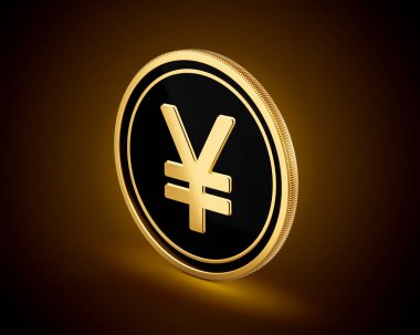 Altın ve Siyah Yuvarlak Japon Sikkesi Parlak Altın Parlak Arkaplanda İzole Edildi 3D Görüntü