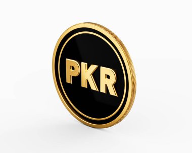 Işıl ışıl Altın ve Siyah Yuvarlak Pakistan Rupisi PKR Parası Beyaz Arkaplan 3D Görüntü