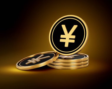 Altın ve Siyah Japon Bozuklukları Yığını Parlak Altın Parlak Arkaplan 3D Görüntü