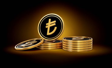 Altın ve Siyah Türk Lirası Yığını Parlak Altın Parlak Arkaplan 3D Görüntü