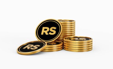 Parlak Altın ve Siyah Rupi SC Bozuklukları Yuvarlak Sikkeler Beyaz Arkaplan 3D Görüntü