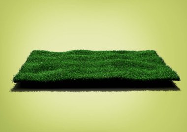 Yumuşak yeşil arka planda yemyeşil sentetik çimenli dikdörtgen bir Astroturf Halısı