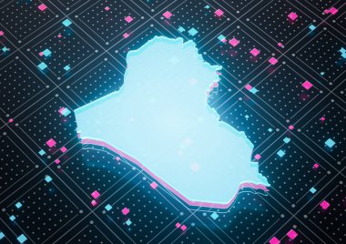 Aydınlatılmış Irak Veri Haritası Kusursuz Şablon Arkaplanındaki Neon Mavi Işık 3D Görüntü