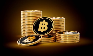 Altın ve Siyah Tayland Baht Sikkeleri Yığını Parlak Altın Parlak Arkaplan 3D Görüntü