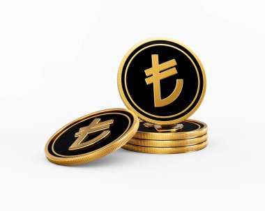 Parlak Altın ve Siyah Türk Liraları Yuvarlak Sikkeler Beyaz Arkaplanda 3 boyutlu Görüntü