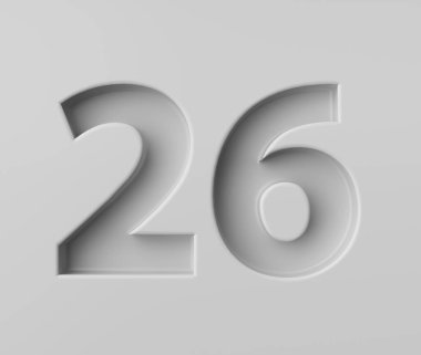 Sleek White Number 26 Twenty Six With Subtle Shadow Embossed Into Grey Background 3D Illustration clipart