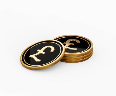 Parlak Altın ve Siyah İngiliz Pound Sikkeleri Yuvarlak Bozukluklar Beyaz Arkaplan 3D İllüstrasyon