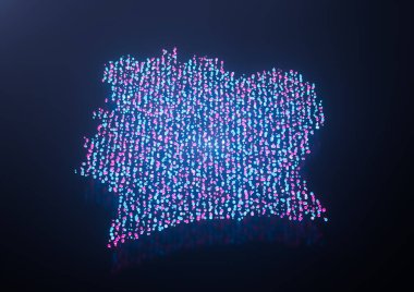 Illuminated Ivory Coast Digital Data Map Pink And Blue Neon Glowing Particles 3D Illustration clipart