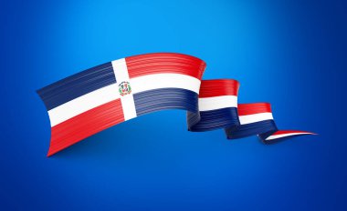 Dominik Cumhuriyeti 'nin 3D Bayrağı 3D Dalgalı Parlak Kurdele Mavi Arkaplanda 3D Görüntü